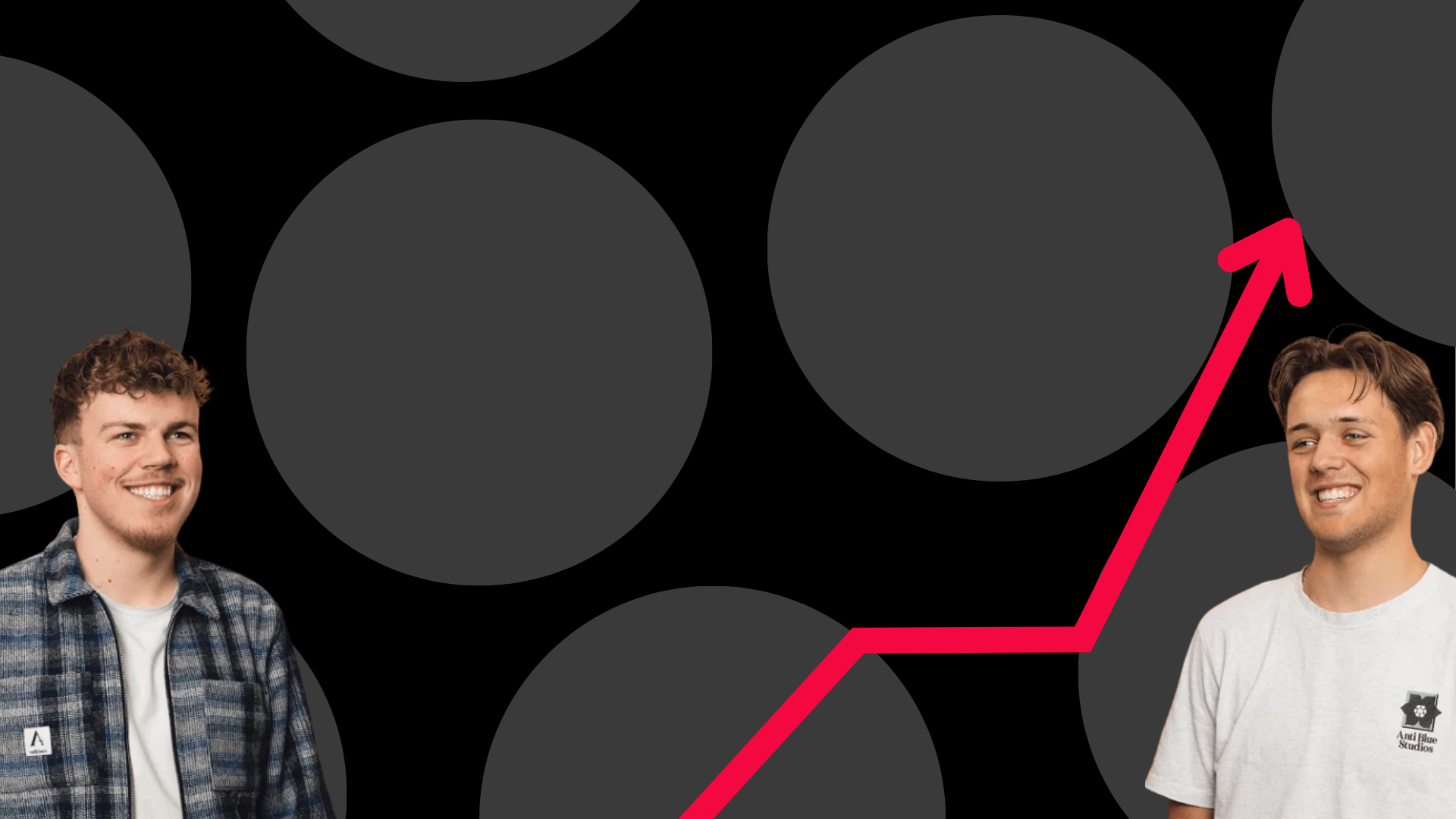 Omslagafbeelding van Digikern: twee eigenaren van Digikern met op de achtergrond een modern grafisch design met donkere cirkels en een stijgende rode lijn die groei symboliseert. Deze afbeelding weerspiegelt de groei, samenwerking en digitale vooruitgang van Digikern.